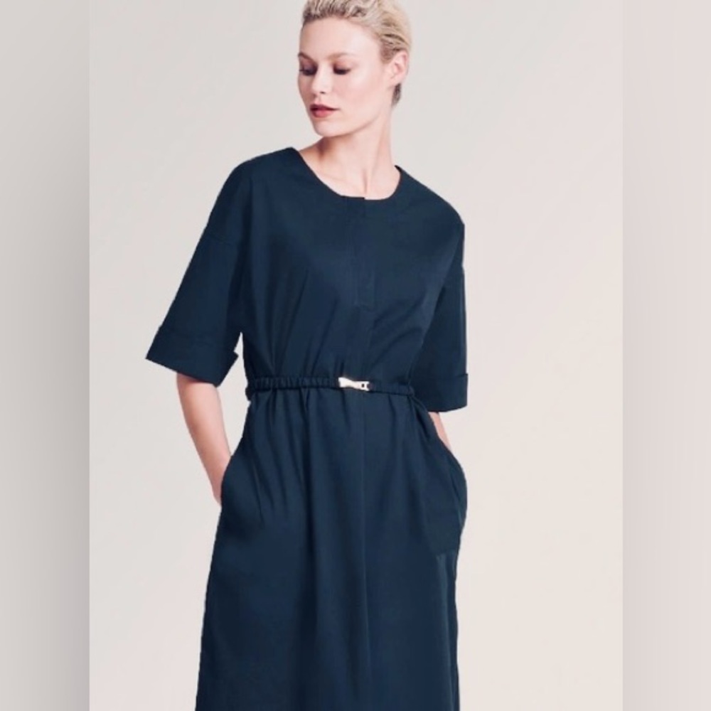 Donna Karan Navy Belted Button Front Premium Poplin Dress Size XXS